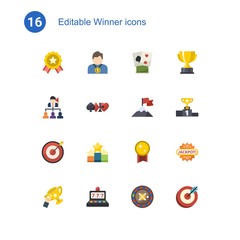 16 winner flat icons set isolated on . Icons set with achievement, poker, Leadership, gambling, attainment, Target, Ranking, victory, success, slot machine, roulette, reward icons.