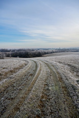 Fototapeta na wymiar Frosty and foggy countryside in Lithuania