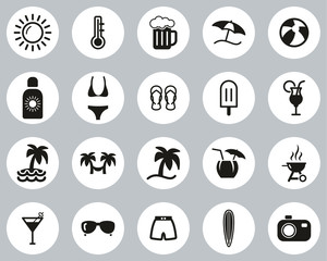 Summer Icons Black & White Flat Design Circle Set Big