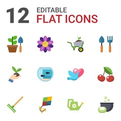 12 nature flat icons set isolated on white background. Icons set with Gardening, Floral design, Garden services, Aquarium, Gardening tools, Rake, Hobbie, Watering can, Soap making icons.