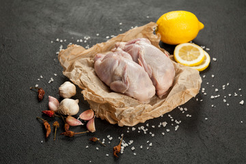 Raw partridge meat on kitchen, cooking gourmet wild bird. Healthy diet recipe.