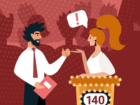 Tv Presenter with Notebook in Hands Stand at Tribune with Scoreboard Communicate with Woman during Quiz Game or Television Show, Young Girl Guessing Quiz Questions. Cartoon Flat Vector Illustration