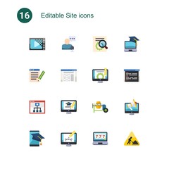 16 site flat icons set isolated on . Icons set with Encoding, online store, SEO optimization, SEO copywriting, wireframe, Content management, Mobile Learning, online business icons.