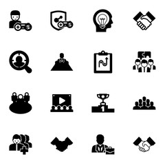 16 team filled icons set isolated on white background. Icons set with gamer, game clan, Creative people, Target Audience, director, tactics, Audience, cooperation, Team building icons.