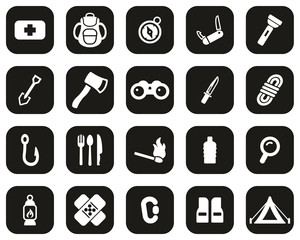 Survival Kit Icons White On Black Flat Design Set Big