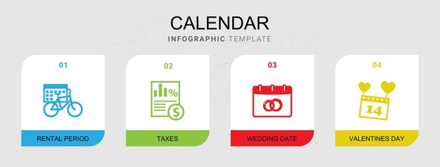 4 calendar filled icons set isolated on infographic template. Icons set with rental period, Taxes, wedding date, Valentines Day icons.