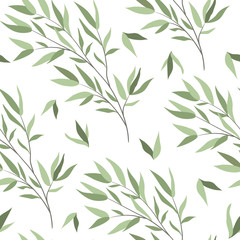 Seamless pattern with branches of a willow on a white background. Vector illustration - obrazy, fototapety, plakaty