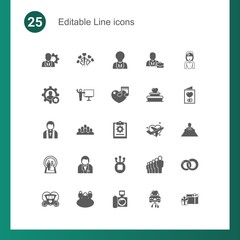 25 line filled icons set isolated on . Icons set with manager, fireworks, creativity, skill, coach, music, priest, employee, project, Wedding, groom, Fork, professional icons.