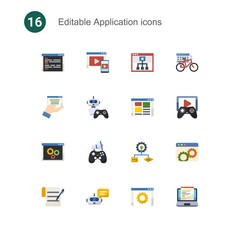 16 application flat icons set isolated on . Icons set with coding, Adaptive Streaming, Mobile Learning, web services, NPC, front end, back end, In-game Advertising, Algorithm icons.