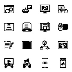 16 application filled icons set isolated on white background. Icons set with Website optimization, Chat Bot, analytics app, Mobile Learning, Web Development, Content management icons.