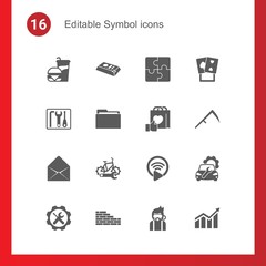 16 symbol filled icons set isolated on . Icons set with Beverage, gold bar, Puzzle, repair kit, Folder, Brand engagement, Envelop, bike repair service, Livestream, Repair service icons.