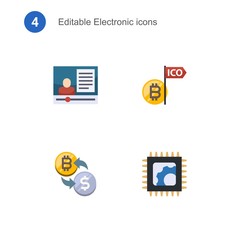 4 electronic flat icons set isolated on . Icons set with eCommerce marketing, Initial Coin Offering, crypto-exchange, Electronics repair icons.