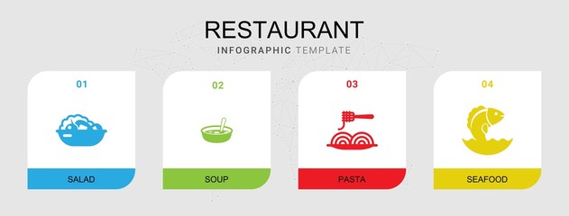 4 restaurant filled icons set isolated on infographic template. Icons set with Salad, Soup, Pasta, Seafood icons.