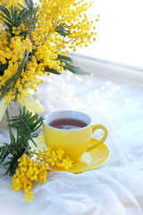 Cup of tea and Mimosa flowers. spring season background. Mothers day, 8 March concept. romantic breakfast.