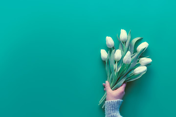 Woman hand hold bunch of white tulips, mint green paper. Spring flat lay, top view with copy-space,...