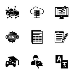 9 text filled icons set isolated on white background. Icons set with Asynchronous Learning, e-Book, Copywriting, Jackpot, Sheet, SEO copywriting, Open Source, social media specialist icons.