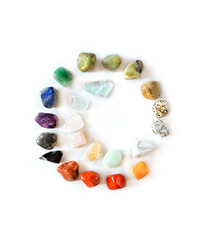Chakra Crystals and Healing Stones Set. Crystal Circle - different colorful gemstones. Crystal Ritual, Witchcraft, aura readings.  copy space - obrazy, fototapety, plakaty