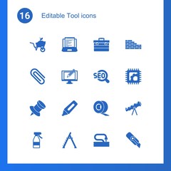 16 tool filled icons set isolated on . Icons set with Garden services, Web Development, toolbox, Paperclip, Digital illustration, SEO, Pin, Marker, Scotch tape, Spray bottle icons.
