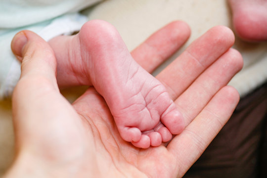 Pied de b&eacute;b&eacute; dans la main d'un parent