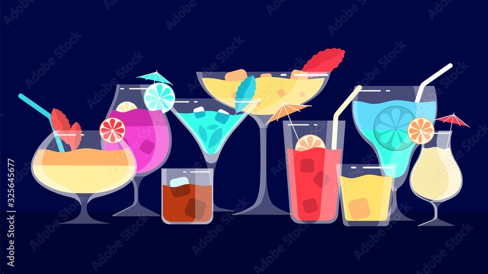 Sticker Cocktails. Alcoholic and non-alcoholic drinks. Bar or cafe or restaurant menu banner. Evening and night beverages vector illustration. Cocktail drink alcohol for restaurant beverage