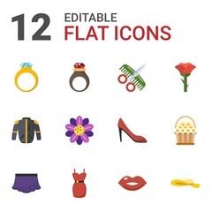 12 beauty flat icons set isolated on white background. Icons set with diamond ring, handmade Jewelry, Hairdressing salon, jacket, Floral design, rose, skirt, dress, kiss icons.