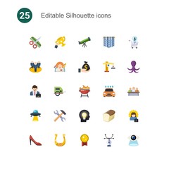 25 silhouette flat icons set isolated on . Icons set with Hairdressing salon, success, Astronomy, team, cupid angel, Deposit, Entrepreneur, pet trailer, BBQ Grill, ufo icons.