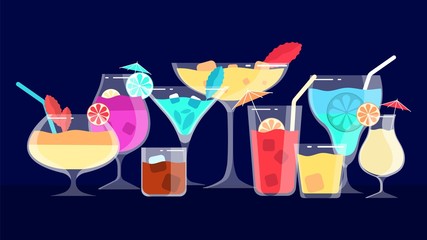 Cocktails. Alcoholic and non-alcoholic drinks. Bar or cafe or restaurant menu banner. Evening and night beverages vector illustration. Cocktail drink alcohol for restaurant beverage