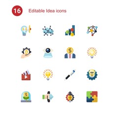 16 idea flat icons set isolated on . Icons set with Creative campaign, Asynchronous Learning, social media trends, fintech industry, Vision, Entrepreneurship, Video marketing icons.