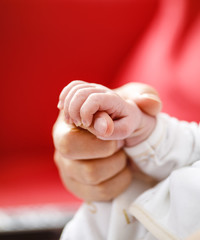 Main de bébé tenant le doigt de sa mère