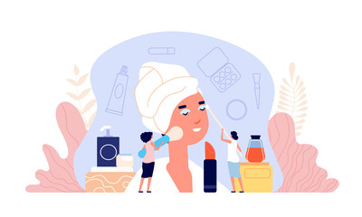 Beauty salon. Parlor customer, women makeup workshop and beautician. Flat female products for skin or skincare consultation vector concept. Illustration makeup salon, beauty hairstyle and cosmetology