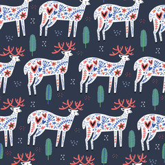 Cute reindeer scandinavian style vector seamless pattern. Abstract textured deer hand drawn doodle illustration. Forest animal decorative backdrop. Wrapping paper, wallpaper, textile cartoon design