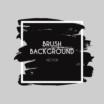 Brush Logo. Brushed Texture, Ink Paint Strokes Background. Abstract Watercolor Or Acrylic Art Black Frame Design. Vector Rectangle Banner. Illustration Rectangle Brush, Paint Grunge Ink