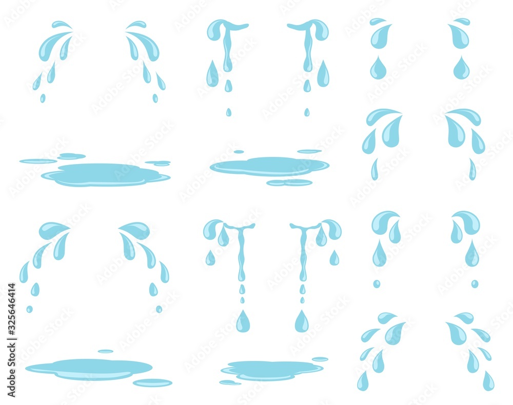 Wall mural cartoon tears. water splash, raining drops and natural stream. weeping droplets and cry tear. isolat - Wall murals
