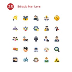 25 man flat icons set isolated on . Icons set with success, team, Accountant, Clothes, colleague, skill, couple, gamer, coat, Webinar, pirate, astronaut, Collaborative idea icons.