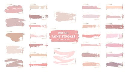 Pastel brush strokes. Creative spots, gold frames and pink palette samples. Fashion makeup blush swatches. Beautiful rose grunge paint vector collection. Illustration pastel texture, watercolor brush - obrazy, fototapety, plakaty
