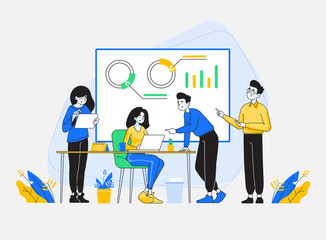 Teamwork concept. Young office people working as a team in office, man pointing on laptop screen, female employee analyzing reports on tablet, office worker showing presentation, vector illustration