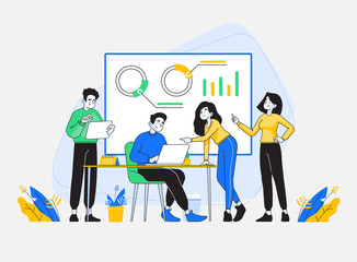 Teamwork concept. Young office people working as a team in office, female employee pointing on laptop screen, man analyzing reports on tablet, office worker showing presentation, vector illustration