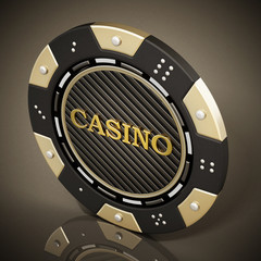Naklejka premium Casino chip on reflective dark background. 3D illustration