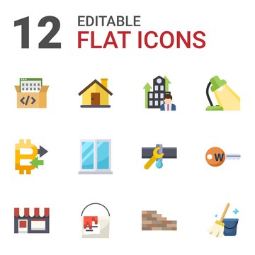 12 home flat icons set isolated on white background. Icons set with Game-based Learning, house, Business Company, Peer to Peer, window, Table lamp, Small business, paint bucket icons.