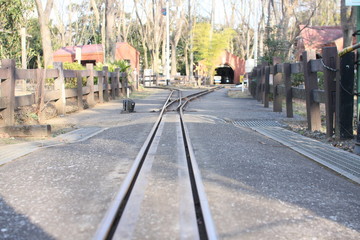 Junction of a small steam locomotive track in the park