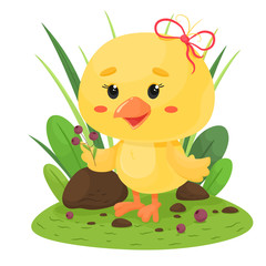 Cute chicken in the grass with a sprig of berries. Vector illustration in cartoon flat style.