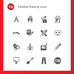 16 drawing filled icons set isolated on . Icons set with Compasses, champagne, graphic designer, woman hat, Stationery, Pencil & ruler, quest, electronic signature, Board stand icons.