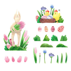 easter set with easter bunny and a bouquet of flowers, chickens and eggs, decor, decoration, plants, grass