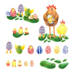easter set with easter chickens and eggs, decor, decoration, plants, grass, flowers