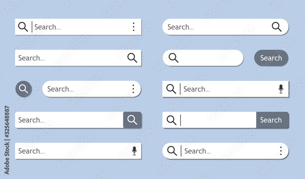 Fototapete Set of white search bar isolated on blue background with shadows. Searching internet browse. Menu for site, app, interface with button. Empty search frame for web adress. Modern elements UI. Vector.