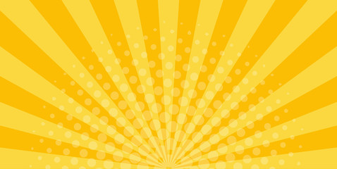 Sunrays on orange background with halftone effects. Radial retro lines. Sunny wallpaper of summer and autumn. Shiny pattern dawn or sunset. Cartoon sunbeam design. Sunburst gradient. 60s, 70s Vector