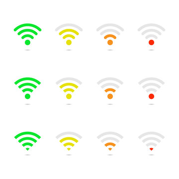 Wi-fi signal strength on white template. Maximum, medium, minimum wireless strength signal. Connection antenna router. Green, yellow, orange, red indicator. High, low level signal. Free set. Vector.