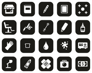 Tattoo Shop & Equipment Icons White On Black Flat Design Set Big