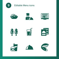 9 menu filled icons set isolated on . Icons set with Salad, chefs dish, layout, starters, drinks, restaurant menu, Beverage, main dish, mussel icons.