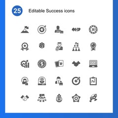 25 success filled icons set isolated on . Icons set with attainment, Target, professional, achievement, dice, rich man, Productivity, casino Chip, Joker, successful woman icons.